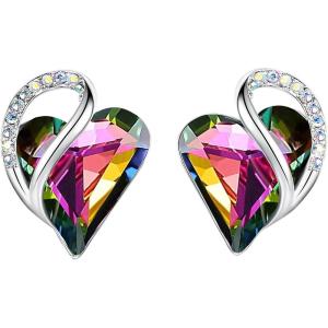 Leafael Infinity love Heart Birthstone Stud Earrings for Women, Valentine’s Day Gifts for Mom, Wife, and Her, Silver Plated Birthday Jewelry(14-Healing Stone for Protection-Rainbow Tourmaline Black)