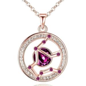 Leafael “Superstar Zodiac Constellation Pendant Necklace Made with Premium Crystal Horoscope Jewelry, Gold or Rose Gold Plated, 18″+ 2″(Aquarius (1.21-2.19)  Special Edition – Birthstone Dark Pink)