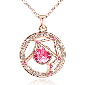 Leafael “Superstar Zodiac Constellation Pendant Necklace Made with Premium Crystal Horoscope Jewelry, Gold or Rose Gold Plated, 18″+ 2″(Libra (9.23-10.23)  Special Edition – Birthstone Rose Pink)