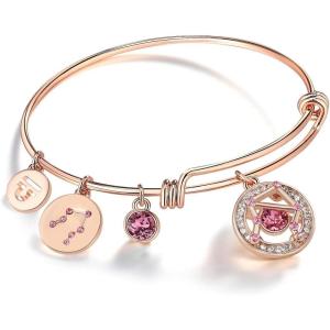 Leafael Superstar Zodiac Expandable Bangle Bracelet Made with Premium Crystals Horoscope Constellation October November Birthstone Topaz Brown Jewelry, Rose Gold Plated, 7″(Libra (9.23-10.23)  Special Edition – Birthstone Rose Pink)