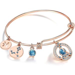 Leafael Superstar Zodiac Expandable Bangle Bracelet Made with Premium Crystals Horoscope Constellation October November Birthstone Topaz Brown Jewelry, Rose Gold Plated, 7″(Pisces (2.20-3.20)  Special Edition – Birthstone Aquamarine Blue)