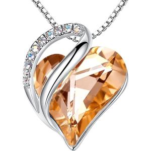 Leafael Valentine’s Day Gift Necklaces for Women, Infinity Love Birthstone Heart Crystal Pendant, Birthday Anniversary Jewelry for Wife, Mom, and Her, Silver Plated, 18″ + 2″ Adjustable Chain(16-Energy-Calcite Orange)