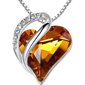 Leafael Valentine’s Day Gift Necklaces for Women, Infinity Love Birthstone Heart Crystal Pendant, Birthday Anniversary Jewelry for Wife, Mom, and Her, Silver Plated, 18″ + 2″ Adjustable Chain(11a-November-Amber Brown)