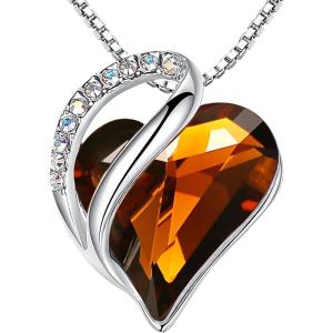 Leafael Valentine’s Day Gift Necklaces for Women, Infinity Love Birthstone Heart Crystal Pendant, Birthday Anniversary Jewelry for Wife, Mom, and Her, Silver Plated, 18″ + 2″ Adjustable Chain(15-Stress Relief-Dark Topaz Brown)