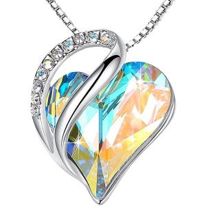 Leafael Valentine’s Day Gift Necklaces for Women, Infinity Love Birthstone Heart Crystal Pendant, Birthday Anniversary Jewelry for Wife, Mom, and Her, Silver Plated, 18″ + 2″ Adjustable Chain(04-April-Rainbow Opal White)