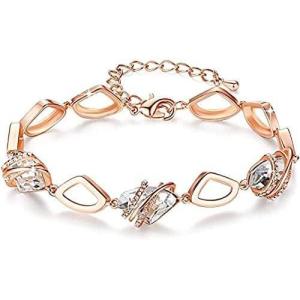 Leafael Wish Stone Link Charm Bracelet with Birthstone Crystals, Rose Gold Plated or Silver-tone, 7″+2″(04-April Birthstone Crystal-Clear White)