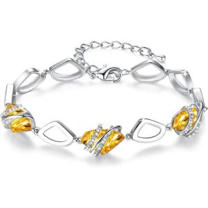 Leafael Wish Stone Link Charm Bracelet with Birthstone Crystals, Rose Gold Plated or Silver-tone, 7″+2″(11-November Birthstone – Citrine Yellow)
