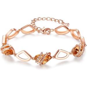 Leafael Wish Stone Link Charm Bracelet with Birthstone Crystals, Rose Gold Plated or Silver-tone, 7″+2″(11-November Birthstone Crystal-Topaz Amber Brown)