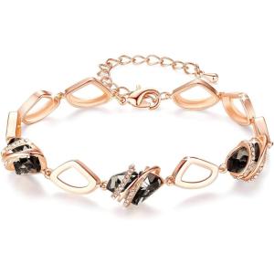 Leafael Wish Stone Link Charm Bracelet with Birthstone Crystals, Rose Gold Plated or Silver-tone, 7″+2″(12-Silver Black Crystal)