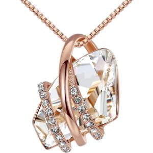 Leafael Wish Stone Pendant Necklace with Birthstone Crystal, 18K Rose Gold Plated/Silvertone, 18″ + 2″(04-April Birthstone-Clear White)