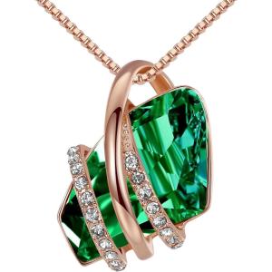 Leafael Wish Stone Pendant Necklace with Birthstone Crystal, 18K Rose Gold Plated/Silvertone, 18″ + 2″(05-May Birthstone-Emerald Green)