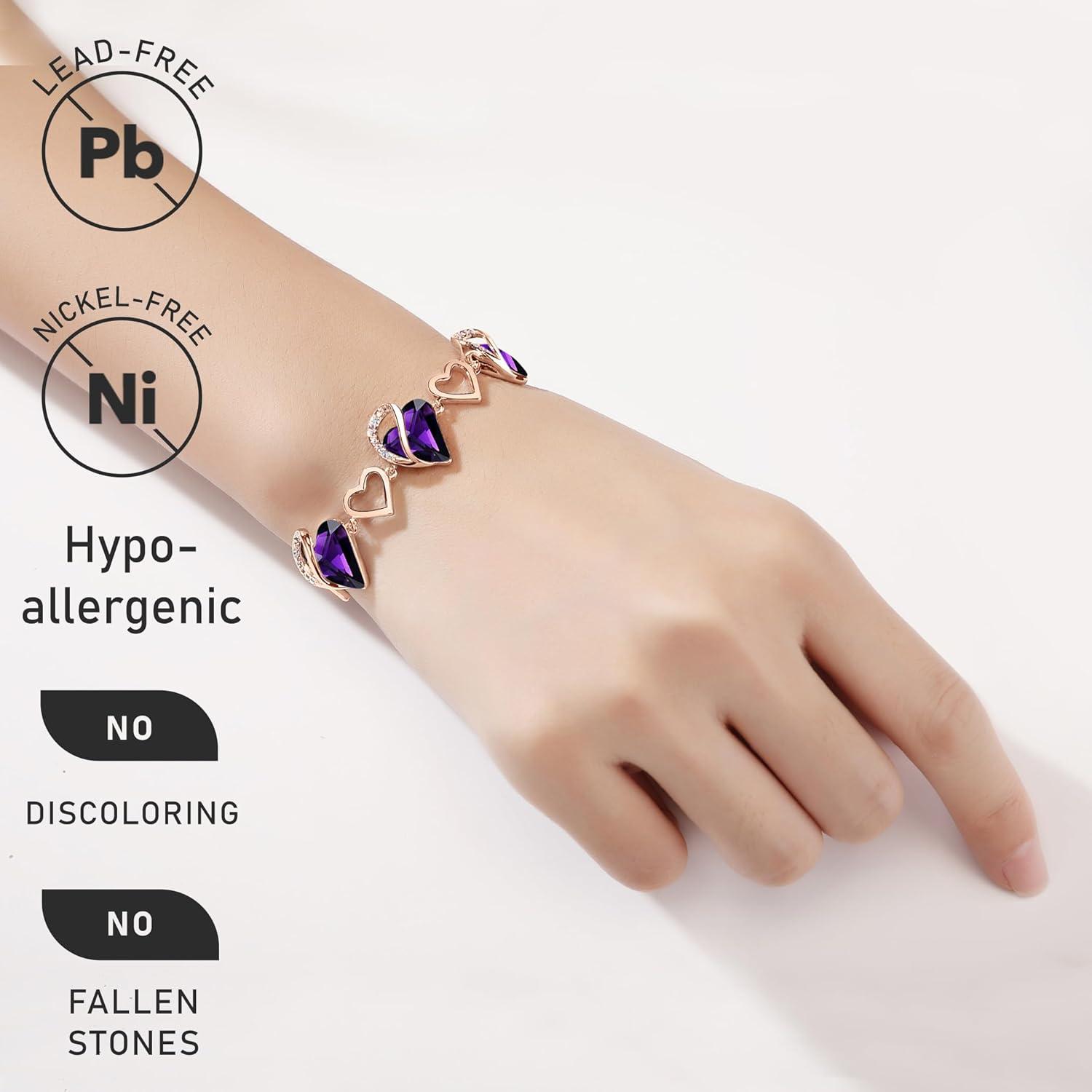 imageLeafael 18K Rose Gold Plated Love Heart Link Bracelet with Healing Stone Crystal Jewellery Gifts for Women 7 Chain 2 Extender22 February Dark Amethyst Pink
