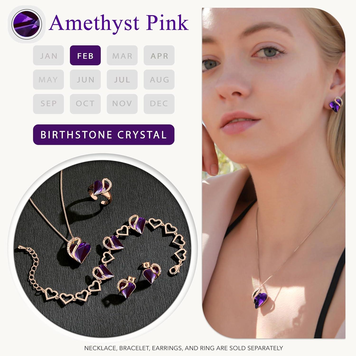 imageLeafael 18K Rose Gold Plated Love Heart Link Bracelet with Healing Stone Crystal Jewellery Gifts for Women 7 Chain 2 Extender22 February Dark Amethyst Pink
