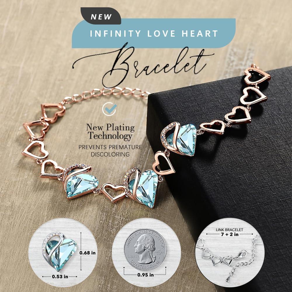 imageLeafael 18K Rose Gold Plated Love Heart Link Bracelet with Healing Stone Crystal Jewellery Gifts for Women 7 Chain 2 Extender23 March Topaz Light Blue