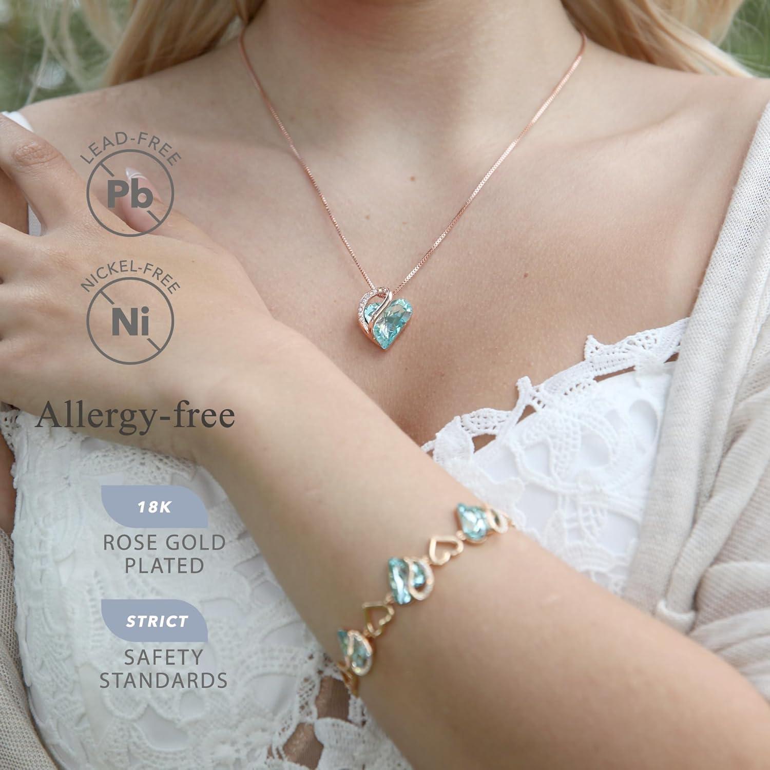 imageLeafael 18K Rose Gold Plated Love Heart Link Bracelet with Healing Stone Crystal Jewellery Gifts for Women 7 Chain 2 Extender23 March Topaz Light Blue