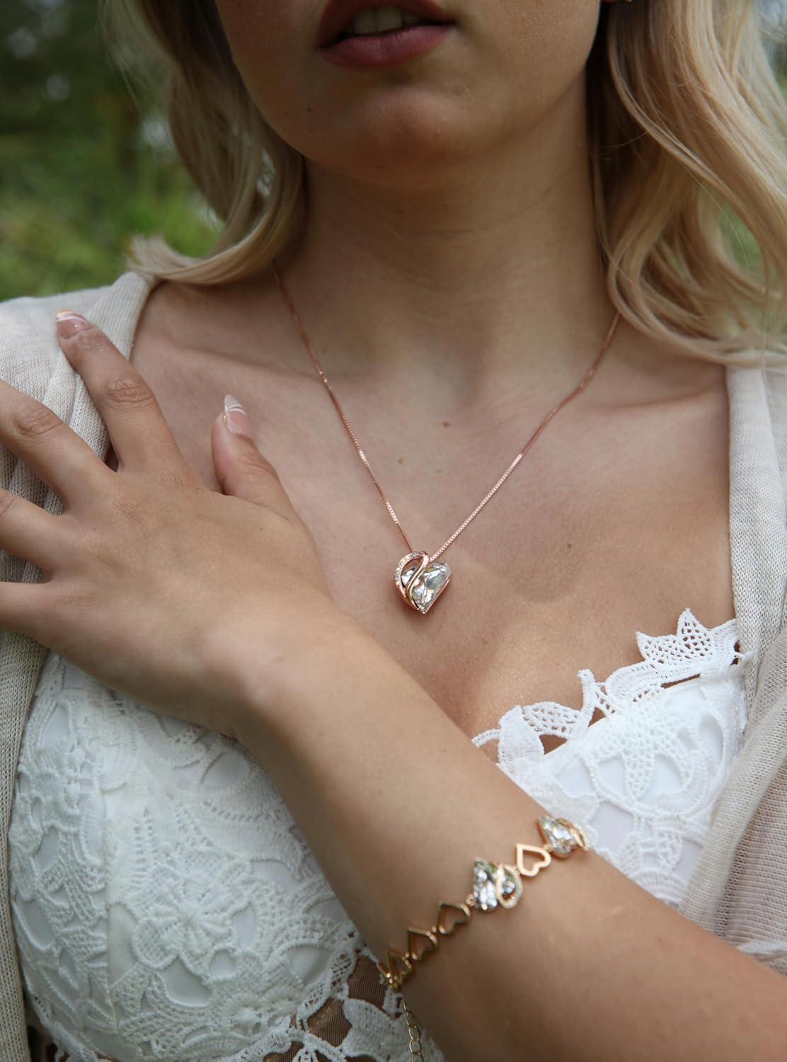 imageLeafael 18K Rose Gold Plated Love Heart Link Bracelet with Healing Stone Crystal Jewellery Gifts for Women 7 Chain 2 Extender24a April Clear White