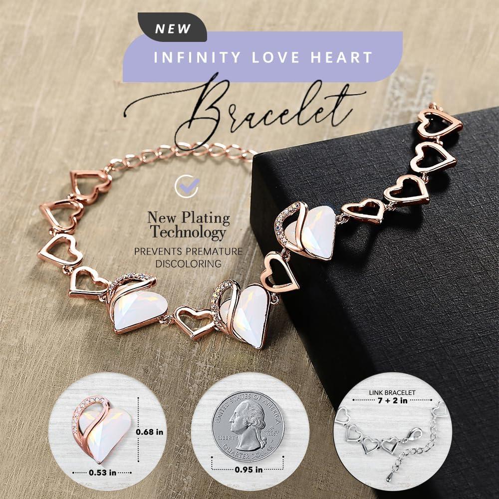 imageLeafael 18K Rose Gold Plated Love Heart Link Bracelet with Healing Stone Crystal Jewellery Gifts for Women 7 Chain 2 Extender24b April Opal White