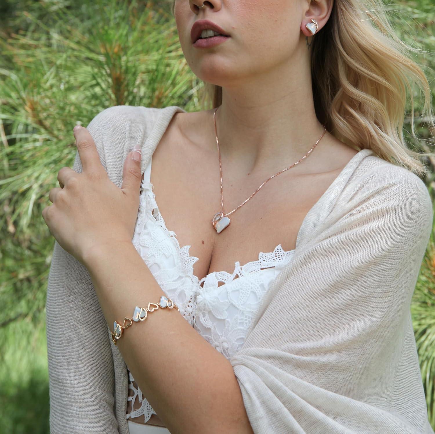 imageLeafael 18K Rose Gold Plated Love Heart Link Bracelet with Healing Stone Crystal Jewellery Gifts for Women 7 Chain 2 Extender24b April Opal White