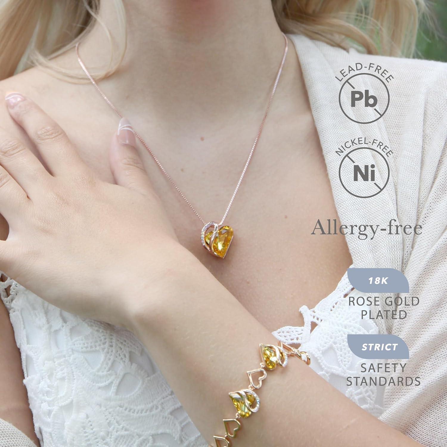 imageLeafael 18K Rose Gold Plated Love Heart Link Bracelet with Healing Stone Crystal Jewellery Gifts for Women 7 Chain 2 Extender31 November Citrine Yellow