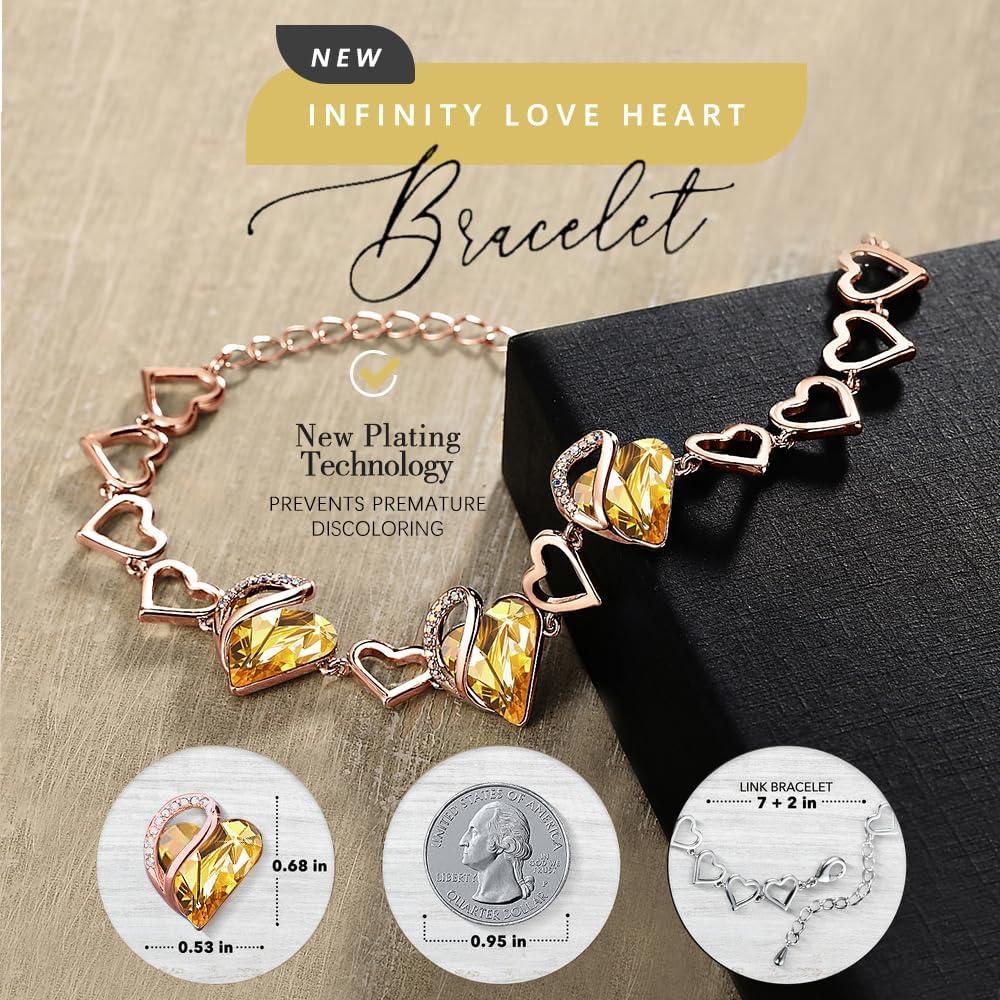 imageLeafael 18K Rose Gold Plated Love Heart Link Bracelet with Healing Stone Crystal Jewellery Gifts for Women 7 Chain 2 Extender31 November Citrine Yellow