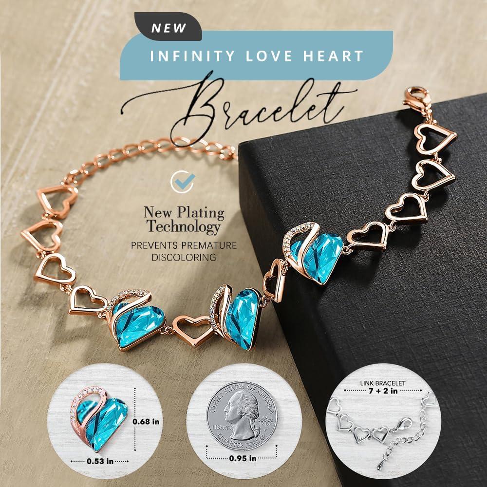 imageLeafael 18K Rose Gold Plated Love Heart Link Bracelet with Healing Stone Crystal Jewellery Gifts for Women 7 Chain 2 Extender32 December Turquoise Aquamarine Blue
