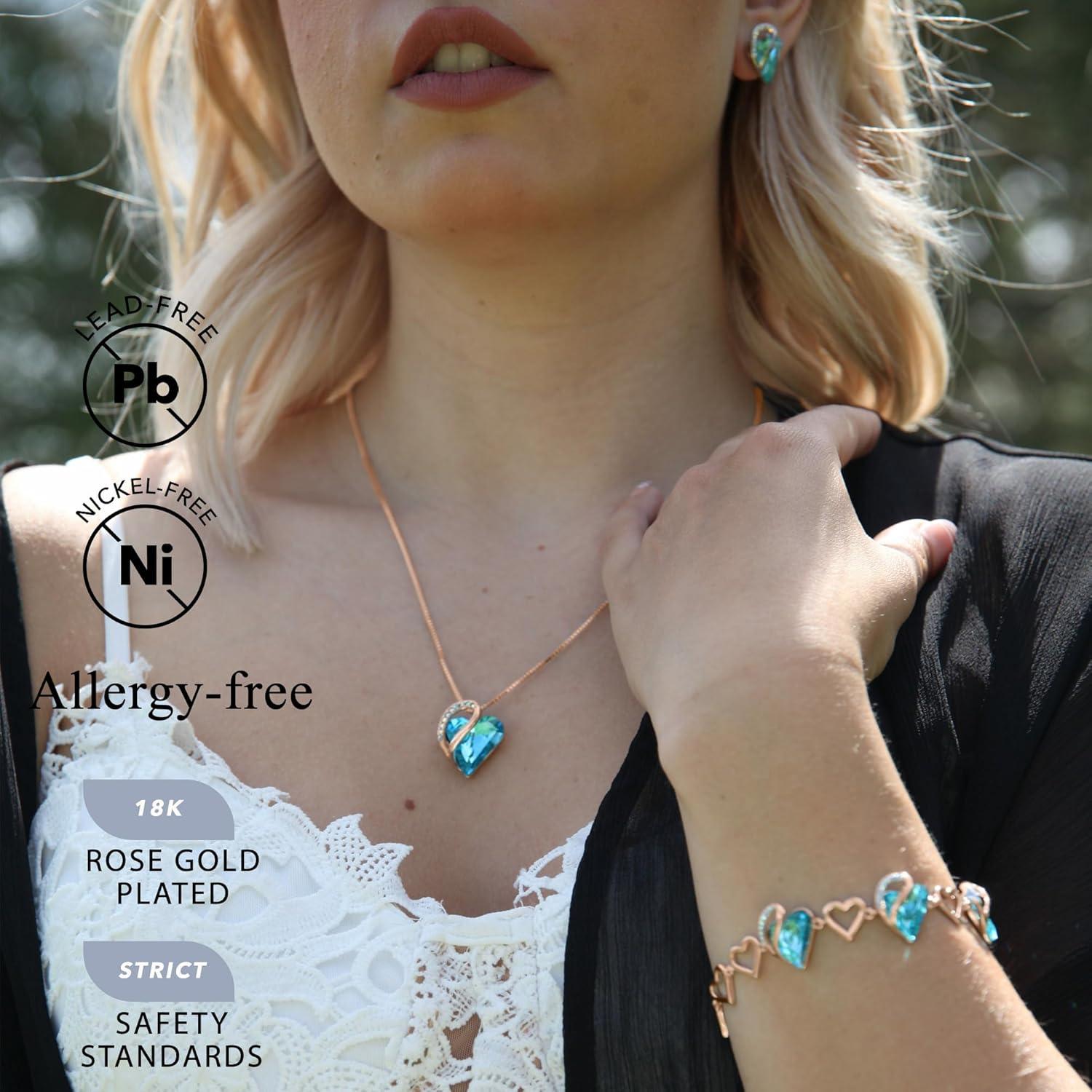 imageLeafael 18K Rose Gold Plated Love Heart Link Bracelet with Healing Stone Crystal Jewellery Gifts for Women 7 Chain 2 Extender32 December Turquoise Aquamarine Blue