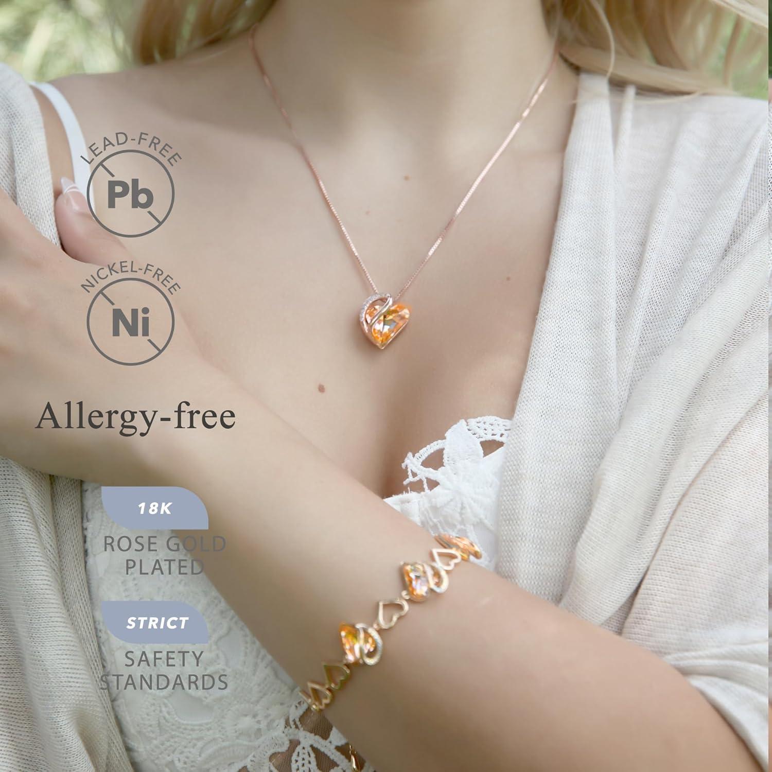 imageLeafael 18K Rose Gold Plated Love Heart Link Bracelet with Healing Stone Crystal Jewellery Gifts for Women 7 Chain 2 Extender34 Healing Stone for Happiness Light Orange