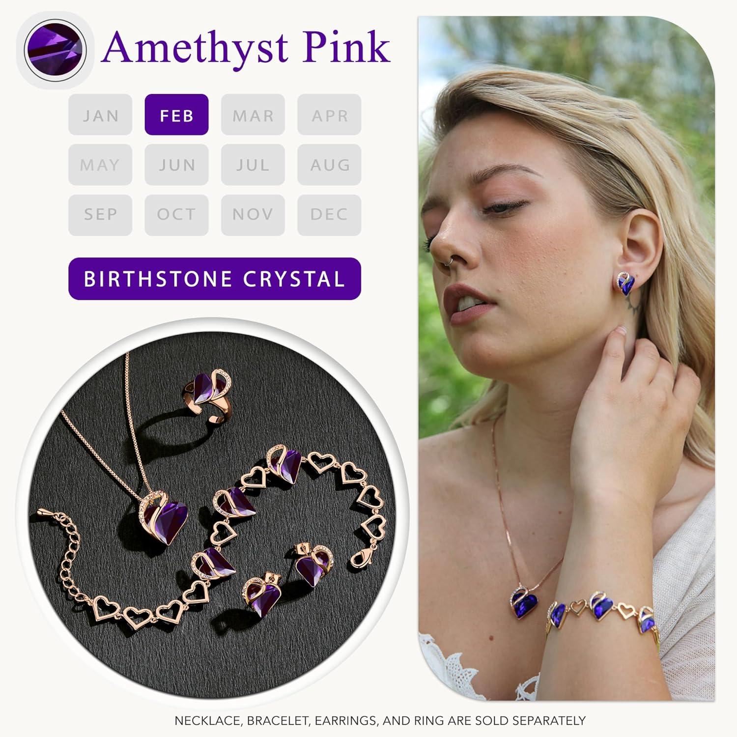 imageLeafael 18K Rose Gold Plated Love Heart Stud Earrings with Healing Stone Crystal Jewelry Gifts for WomenCreativity Healing Stone Dark Amethyst Pink Crystal