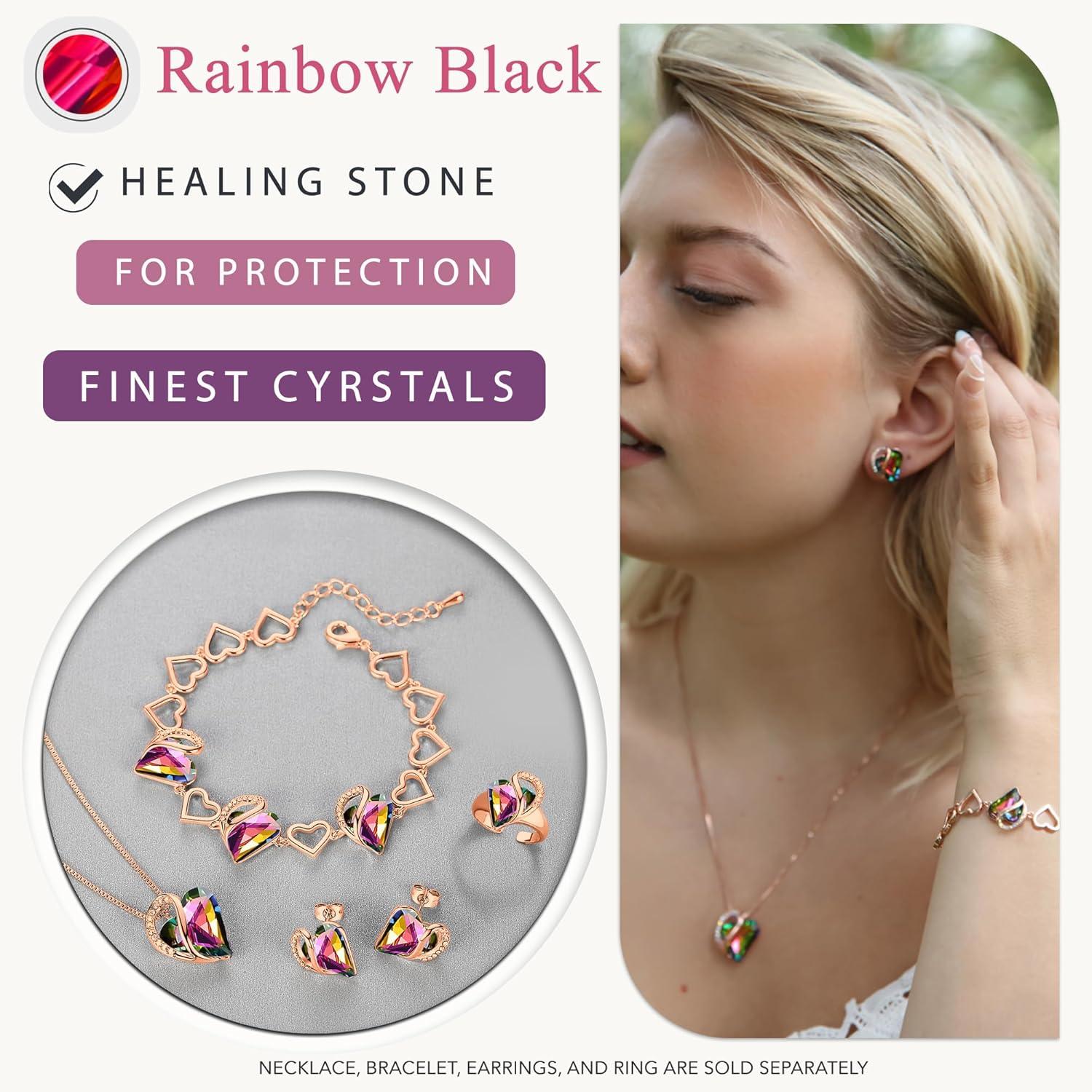 imageLeafael 18K Rose Gold Plated Love Heart Stud Earrings with Healing Stone Crystal Jewelry Gifts for WomenRecovery Healing Stone Rainbow Obsidian Black Crystal