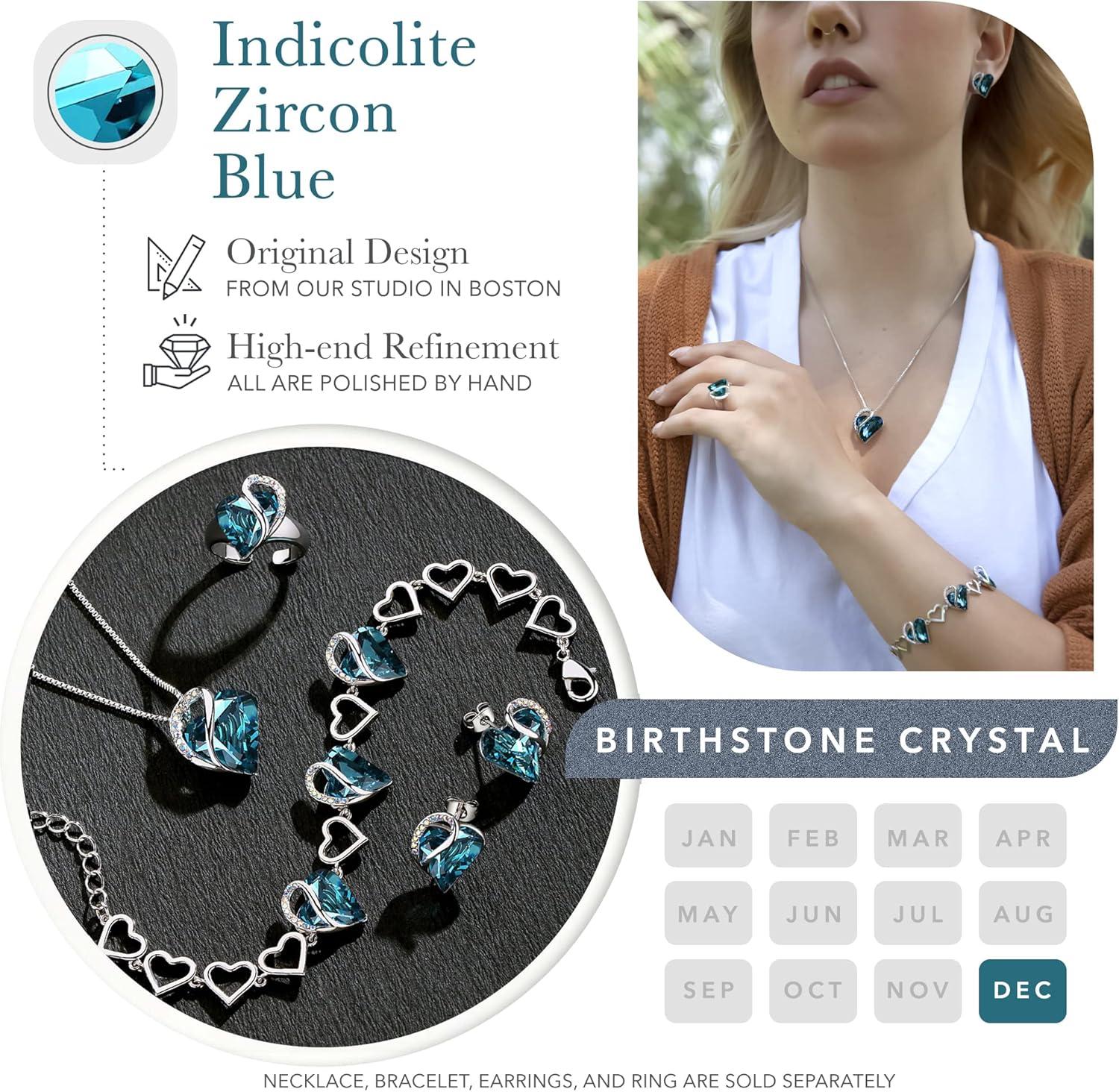 imageLeafael Infinity Love Heart Necklace Stud Earrings Bracelet and Ring Set December Birthstone Crystal Jewelry Silver Tone Gifts for Women Indicolite Zircon Blue
