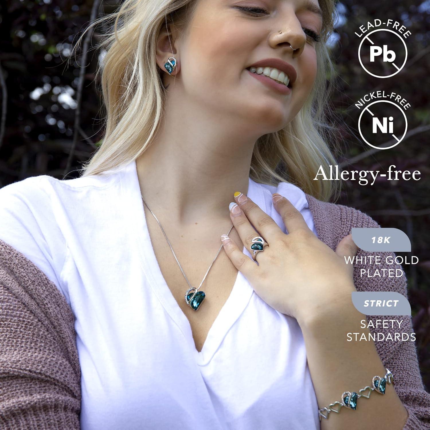 imageLeafael Infinity Love Heart Necklace Stud Earrings Bracelet and Ring Set December Birthstone Crystal Jewelry Silver Tone Gifts for Women Indicolite Zircon Blue