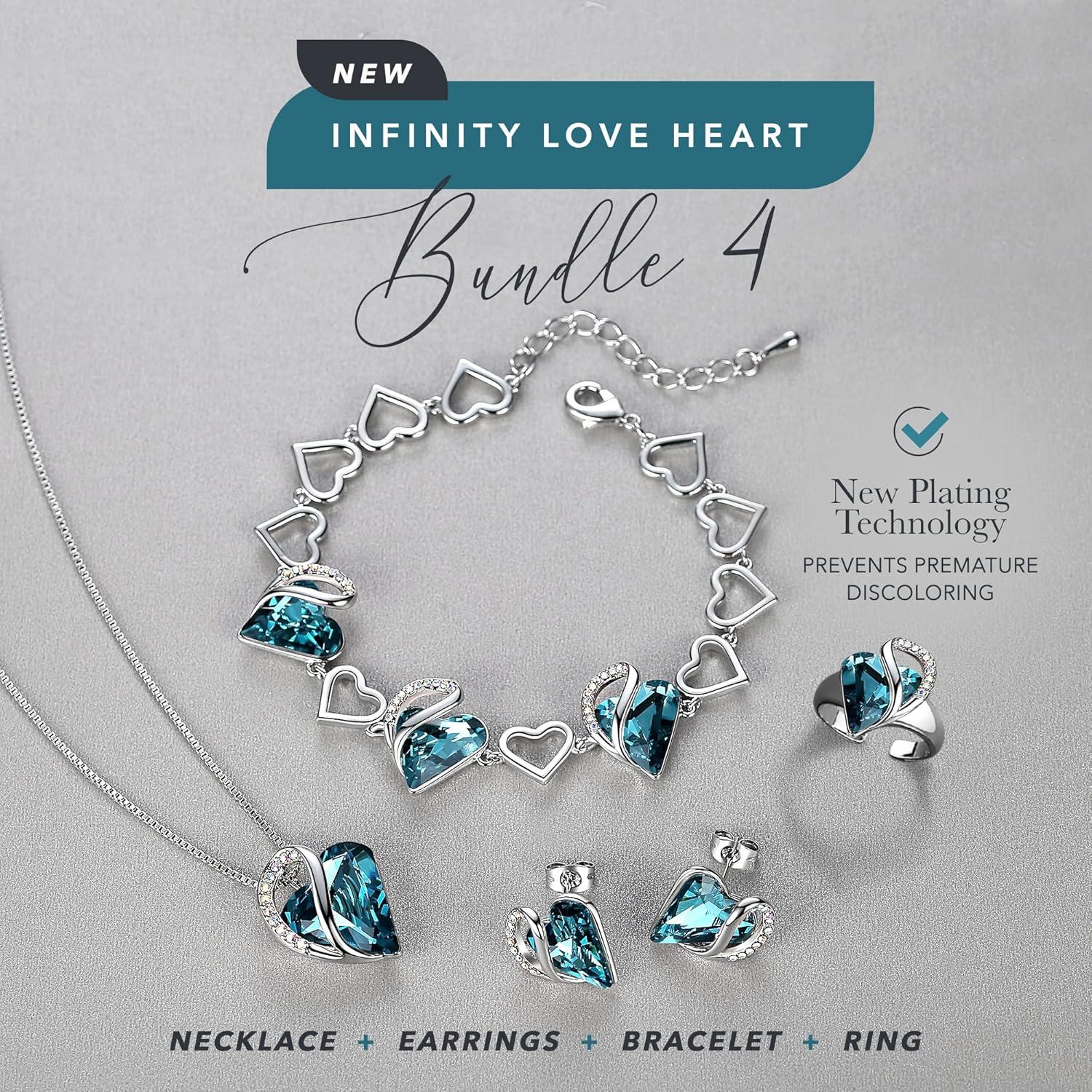imageLeafael Infinity Love Heart Necklace Stud Earrings Bracelet and Ring Set December Birthstone Crystal Jewelry Silver Tone Gifts for Women Indicolite Zircon Blue