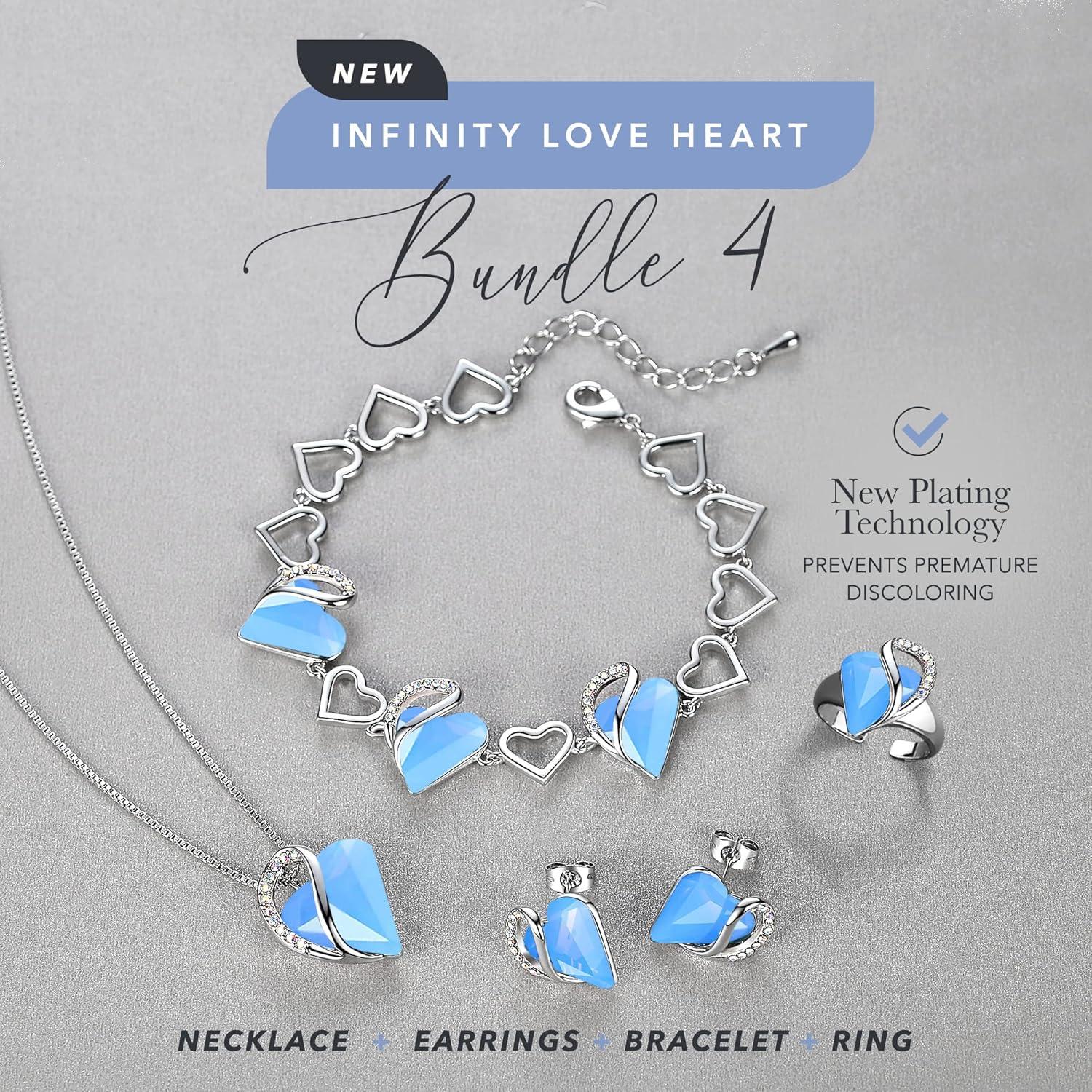 imageLeafael Infinity Love Heart Necklace Stud Earrings Bracelet and Ring Set Healing Stone for Communication Crystal Jewelry Silver Tone Gifts for Women Owyhee Opal Blue