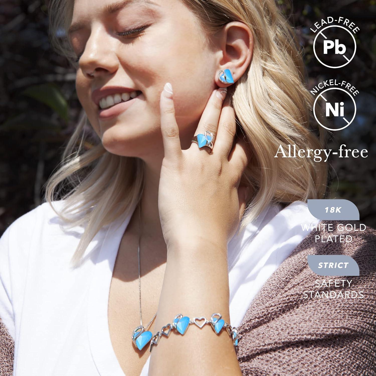 imageLeafael Infinity Love Heart Necklace Stud Earrings Bracelet and Ring Set Healing Stone for Communication Crystal Jewelry Silver Tone Gifts for Women Owyhee Opal Blue