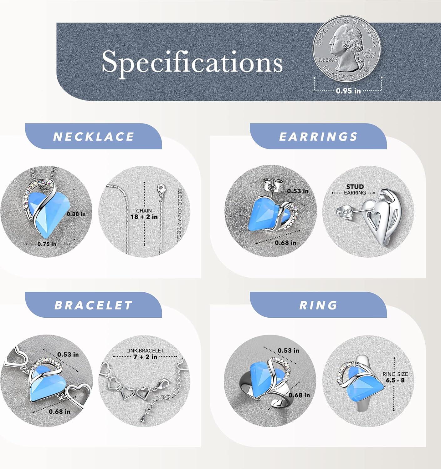 imageLeafael Infinity Love Heart Necklace Stud Earrings Bracelet and Ring Set Healing Stone for Communication Crystal Jewelry Silver Tone Gifts for Women Owyhee Opal Blue