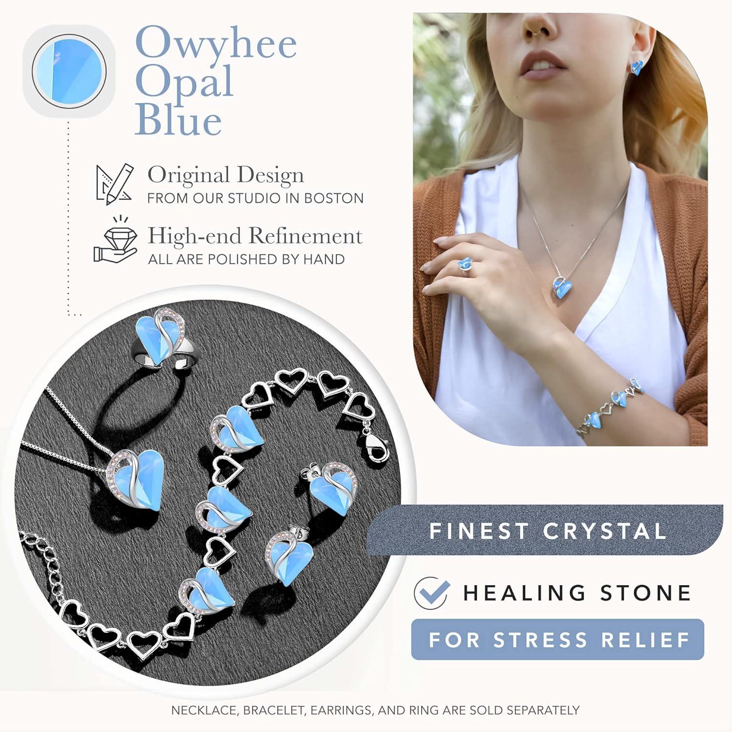 imageLeafael Infinity Love Heart Necklace Stud Earrings Bracelet and Ring Set Healing Stone for Communication Crystal Jewelry Silver Tone Gifts for Women Owyhee Opal Blue