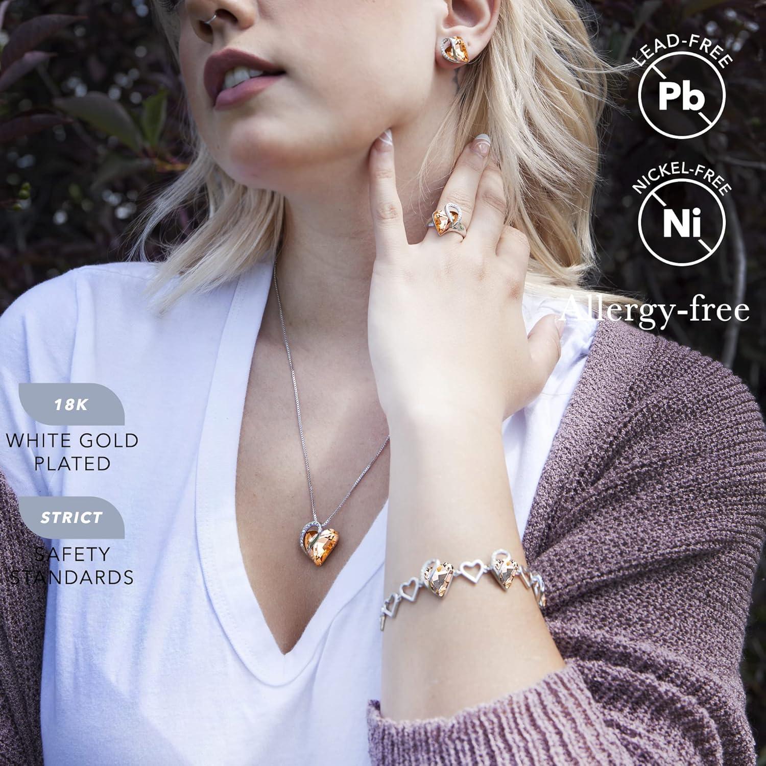 imageLeafael Infinity Love Heart Necklace Stud Earrings Bracelet and Ring Set Healing Stone for Energy Crystal Jewelry Silver Tone Gifts for Women Carnelian Orange