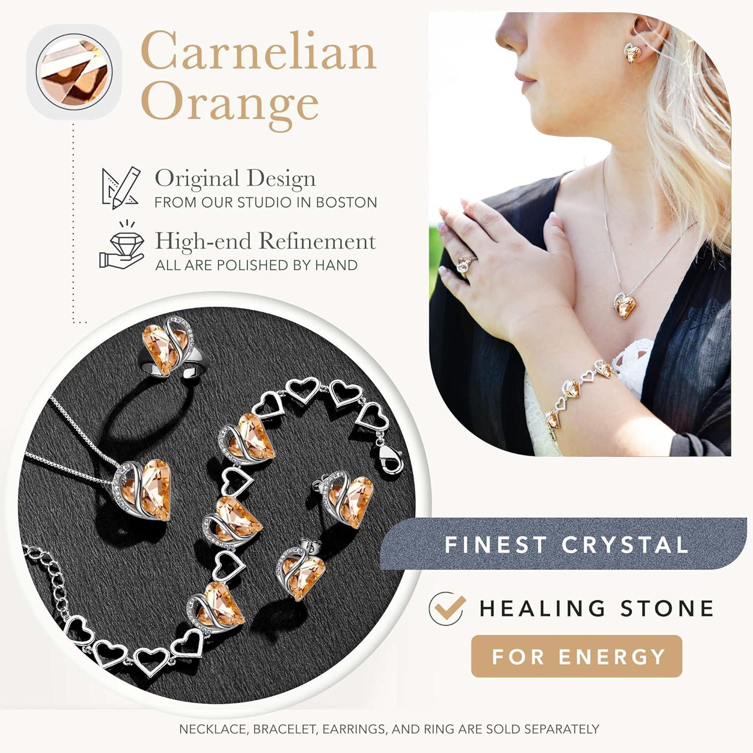 imageLeafael Infinity Love Heart Necklace Stud Earrings Bracelet and Ring Set Healing Stone for Energy Crystal Jewelry Silver Tone Gifts for Women Carnelian Orange