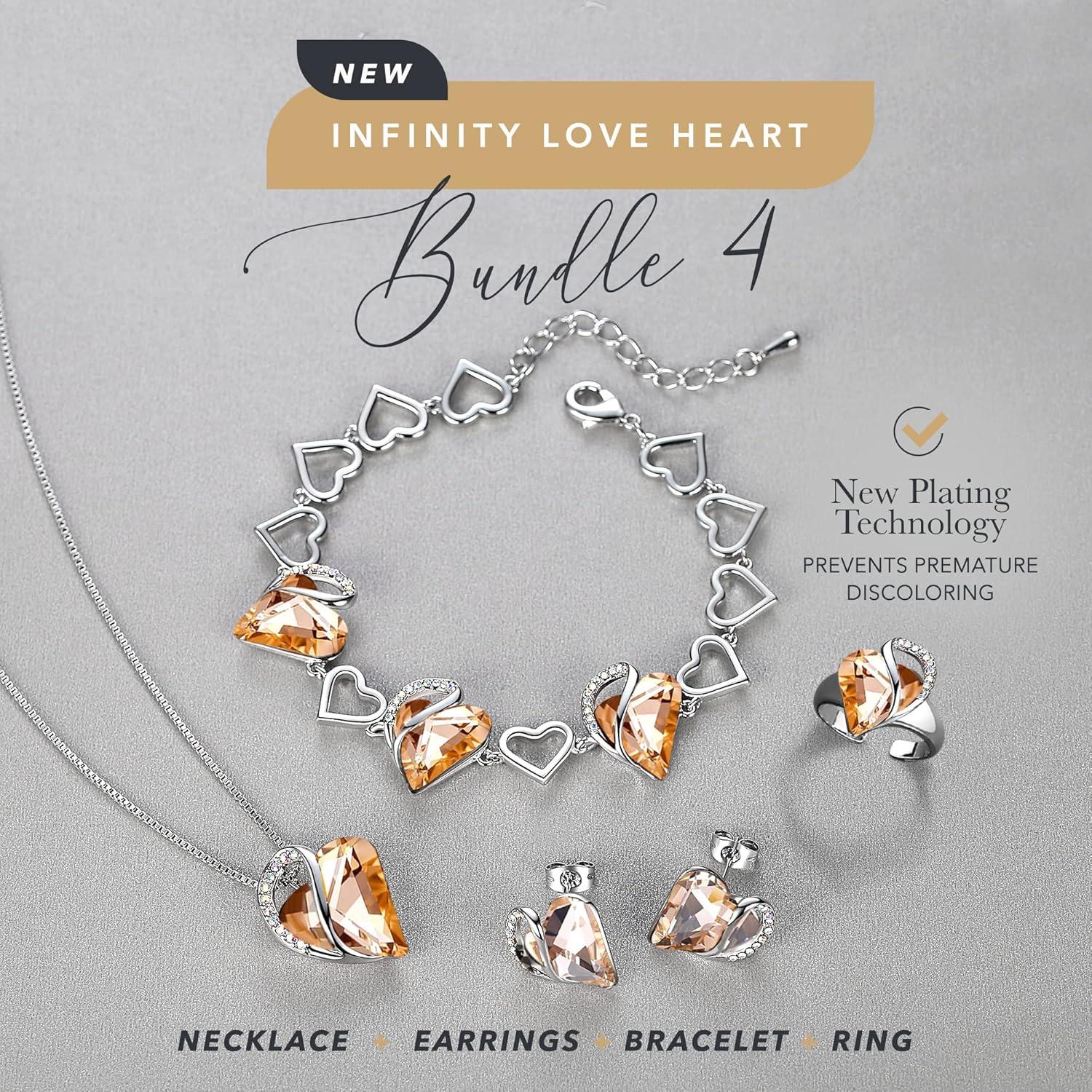 imageLeafael Infinity Love Heart Necklace Stud Earrings Bracelet and Ring Set Healing Stone for Energy Crystal Jewelry Silver Tone Gifts for Women Carnelian Orange