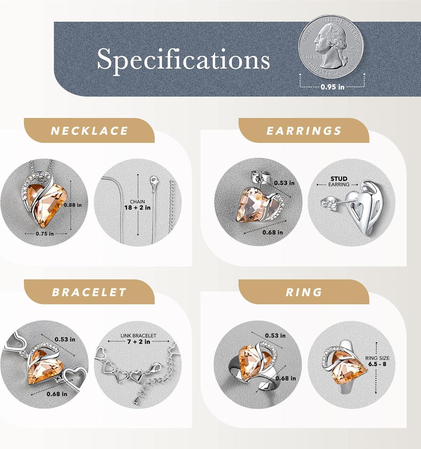 imageLeafael Infinity Love Heart Necklace Stud Earrings Bracelet and Ring Set Healing Stone for Energy Crystal Jewelry Silver Tone Gifts for Women Carnelian Orange