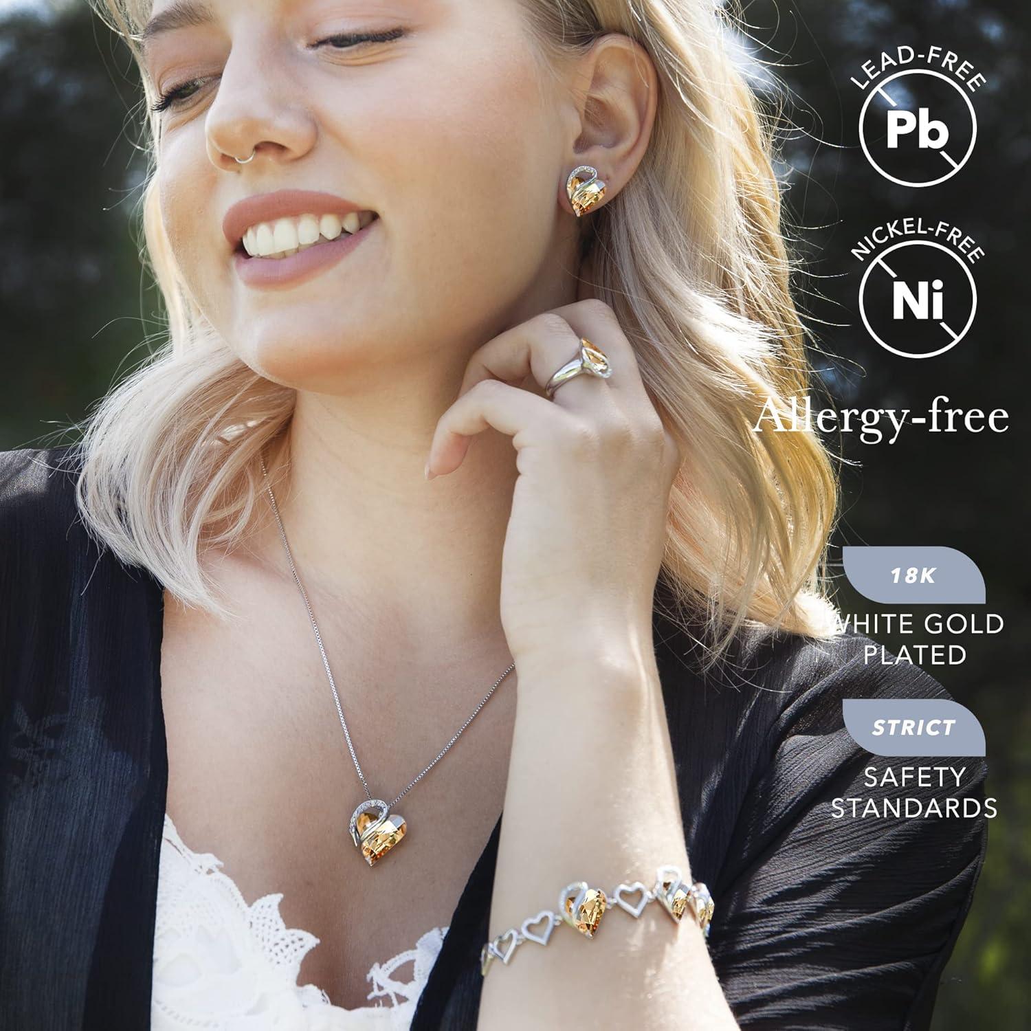 imageLeafael Infinity Love Heart Necklace Stud Earrings Bracelet and Ring Set Healing Stone for Power Crystal Jewelry Silver Tone Gifts for Women Golden Yellow Shade