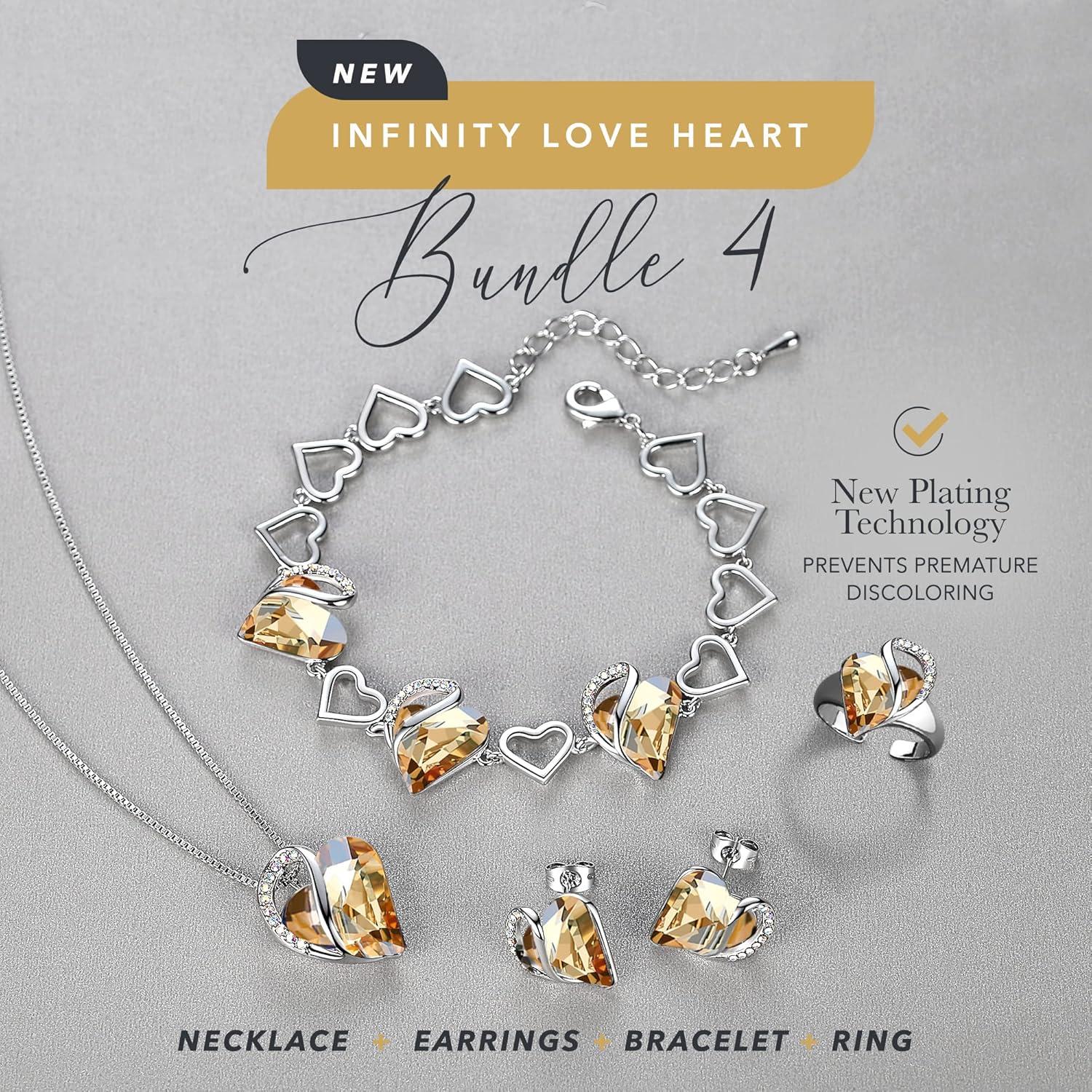 imageLeafael Infinity Love Heart Necklace Stud Earrings Bracelet and Ring Set Healing Stone for Power Crystal Jewelry Silver Tone Gifts for Women Golden Yellow Shade