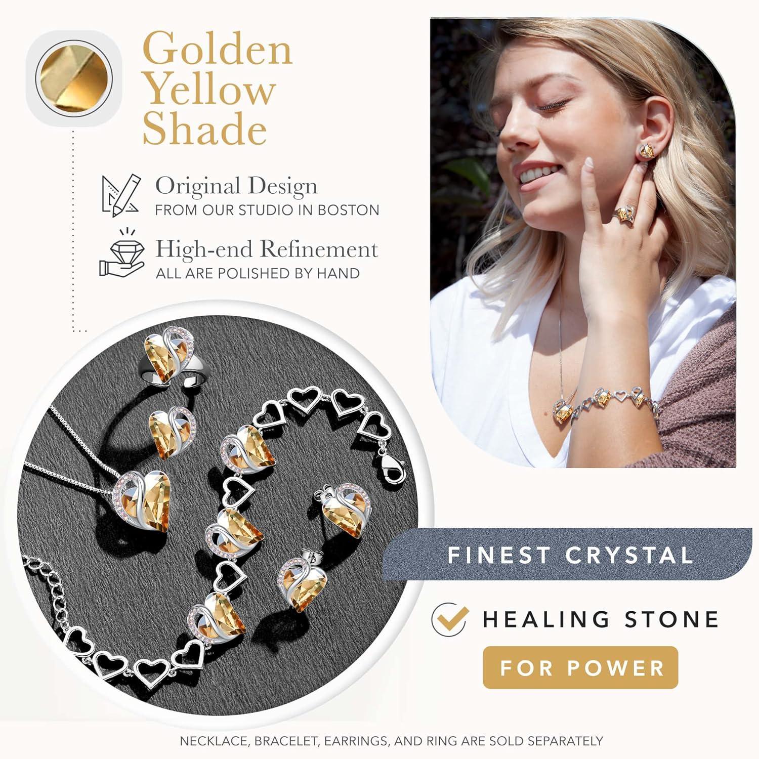 imageLeafael Infinity Love Heart Necklace Stud Earrings Bracelet and Ring Set Healing Stone for Power Crystal Jewelry Silver Tone Gifts for Women Golden Yellow Shade