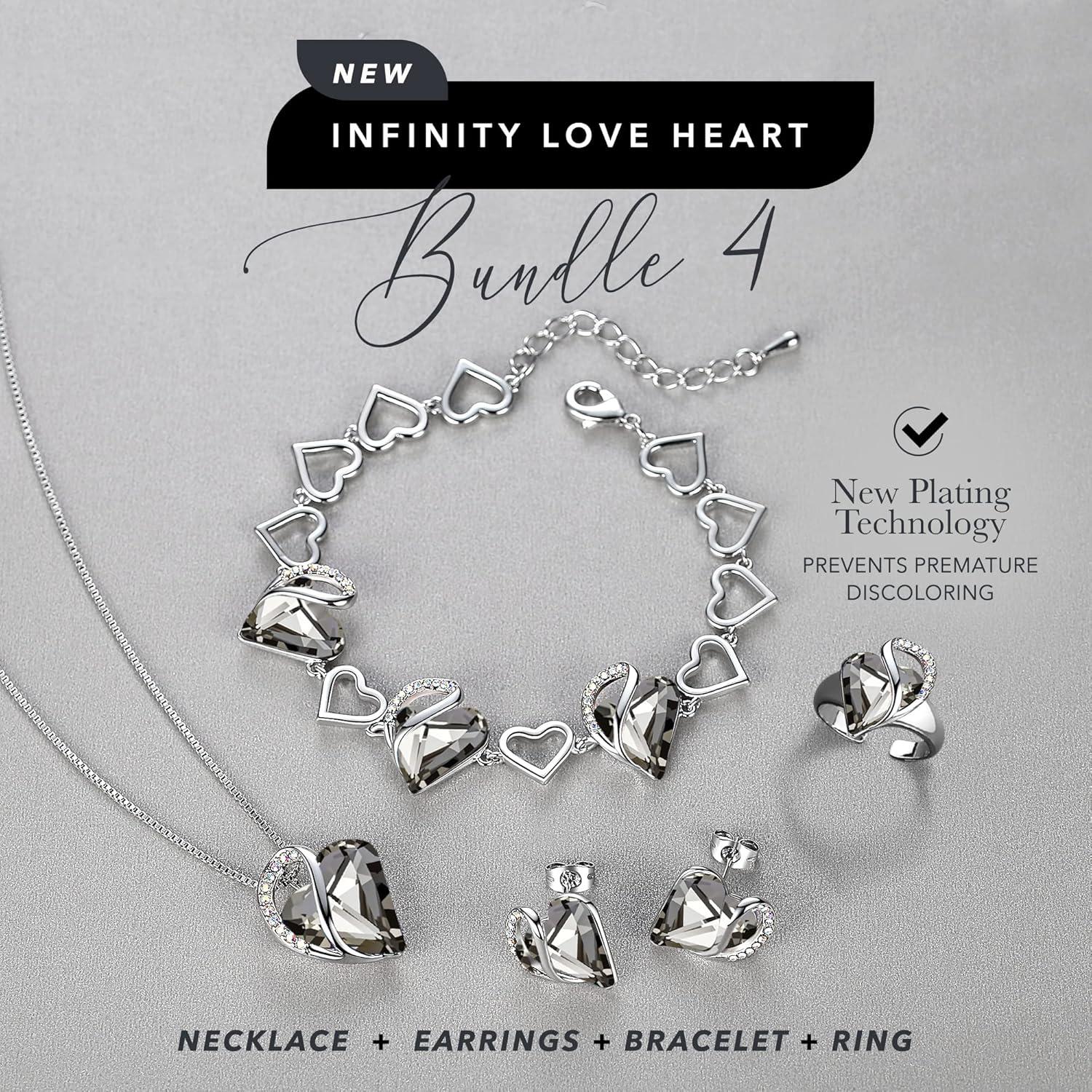imageLeafael Infinity Love Heart Necklace Stud Earrings Bracelet and Ring Set Healing Stone for Protection Crystal Jewelry Silver Tone Bundle Gifts for Women Crystal Black