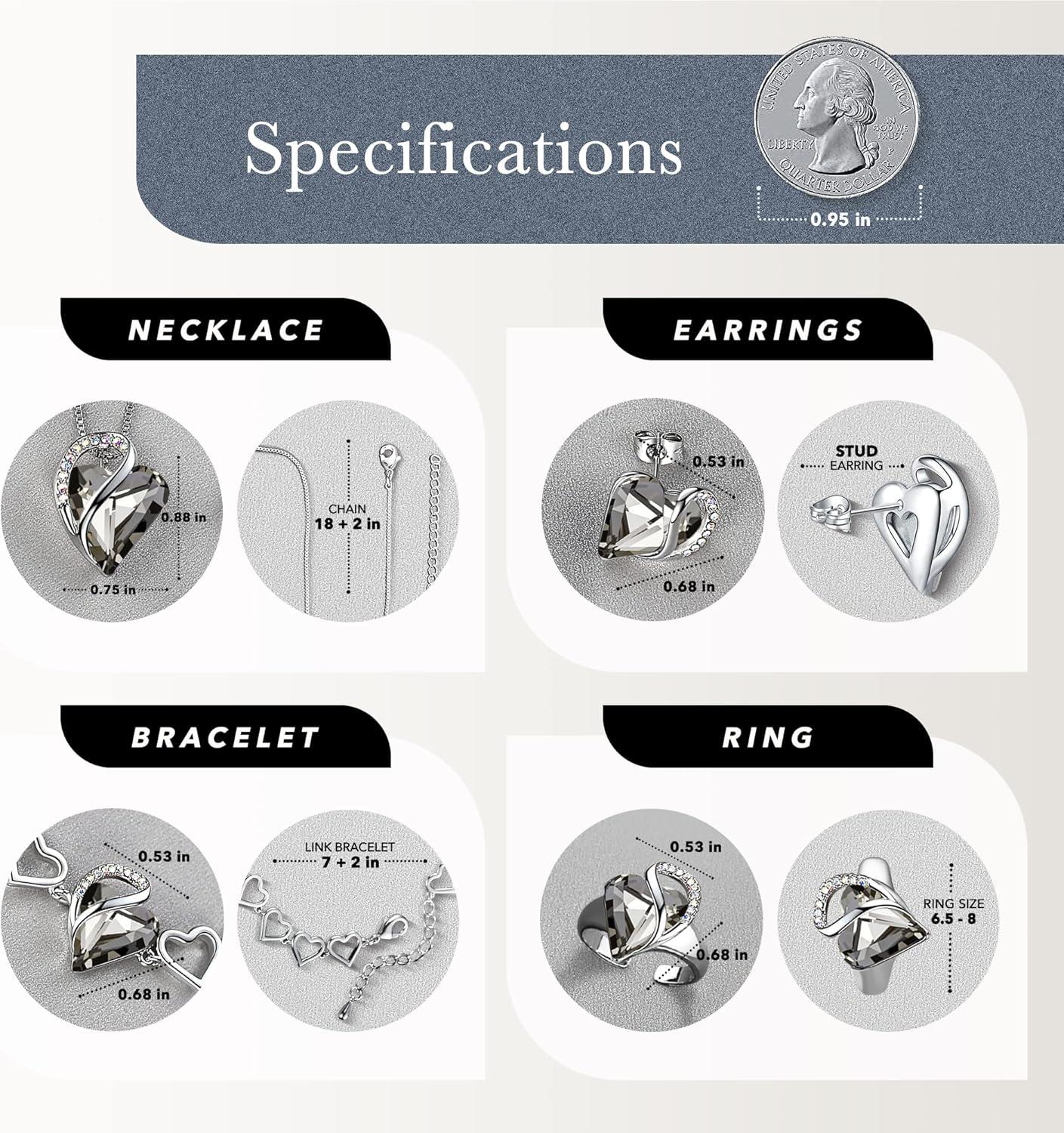 imageLeafael Infinity Love Heart Necklace Stud Earrings Bracelet and Ring Set Healing Stone for Protection Crystal Jewelry Silver Tone Bundle Gifts for Women Crystal Black