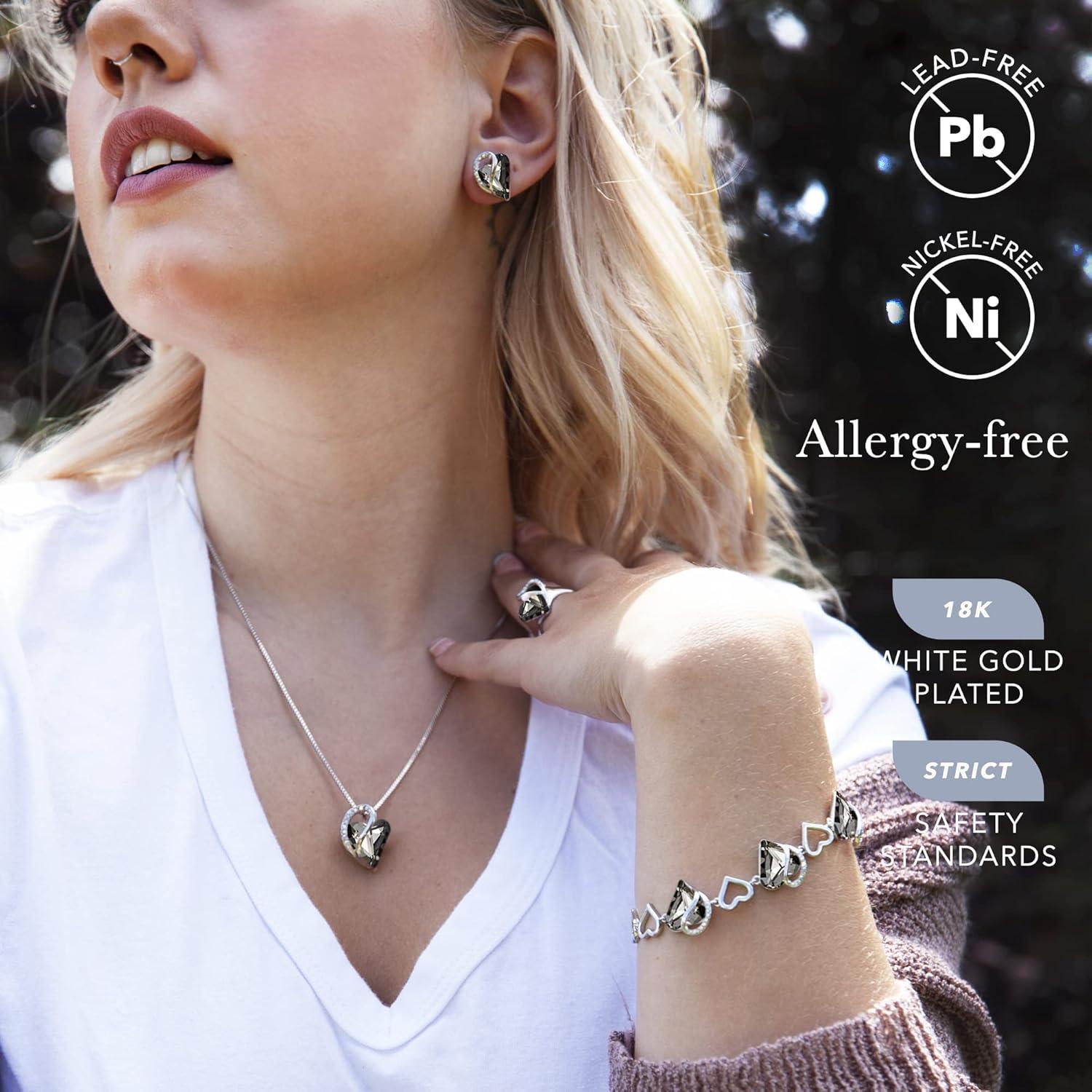 imageLeafael Infinity Love Heart Necklace Stud Earrings Bracelet and Ring Set Healing Stone for Protection Crystal Jewelry Silver Tone Bundle Gifts for Women Crystal Black