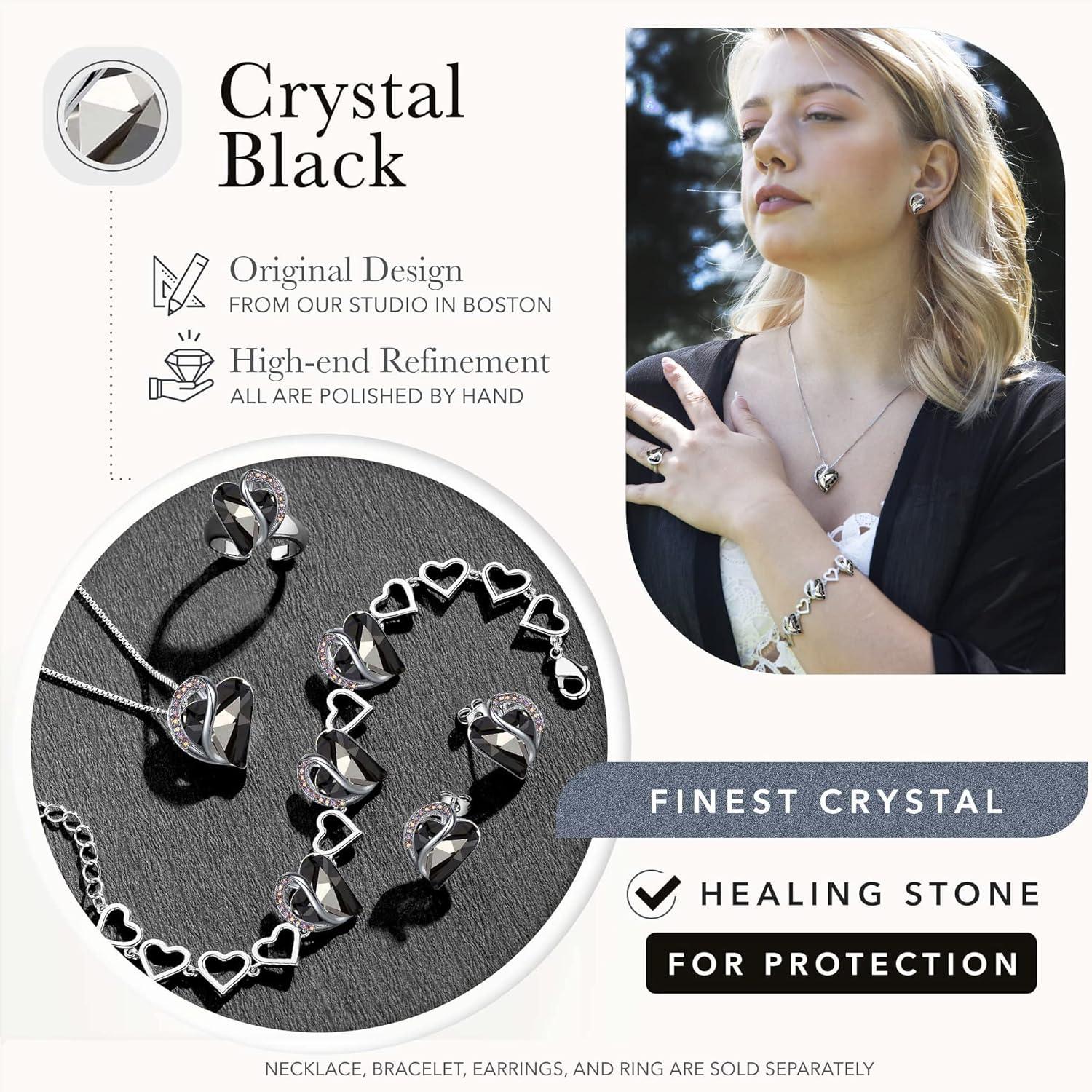 imageLeafael Infinity Love Heart Necklace Stud Earrings Bracelet and Ring Set Healing Stone for Protection Crystal Jewelry Silver Tone Bundle Gifts for Women Crystal Black