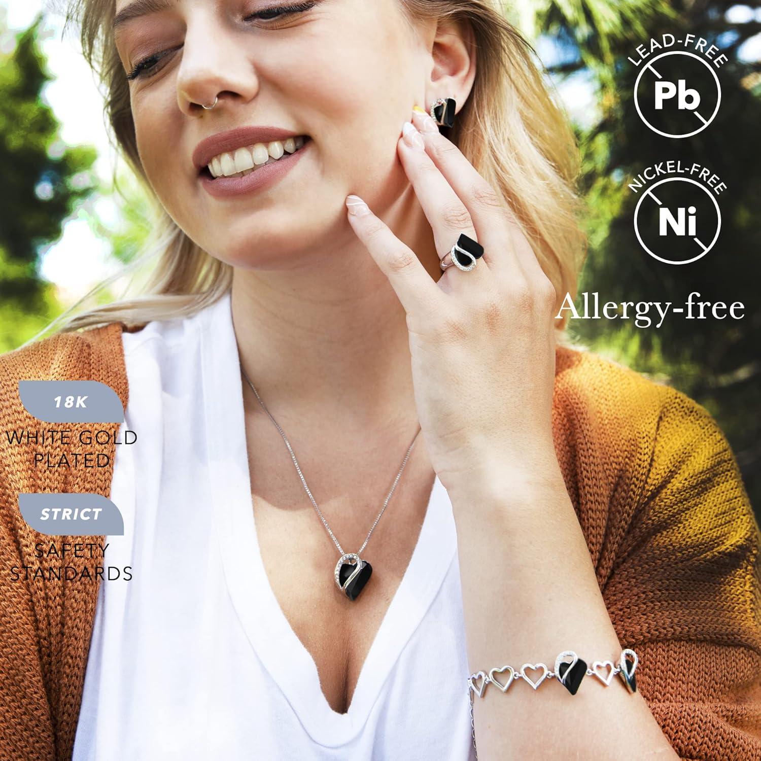imageLeafael Infinity Love Heart Necklace Stud Earrings Bracelet and Ring Set Healing Stone for Protection Crystal Jewelry Silver Tone Gifts for Women Jet Black