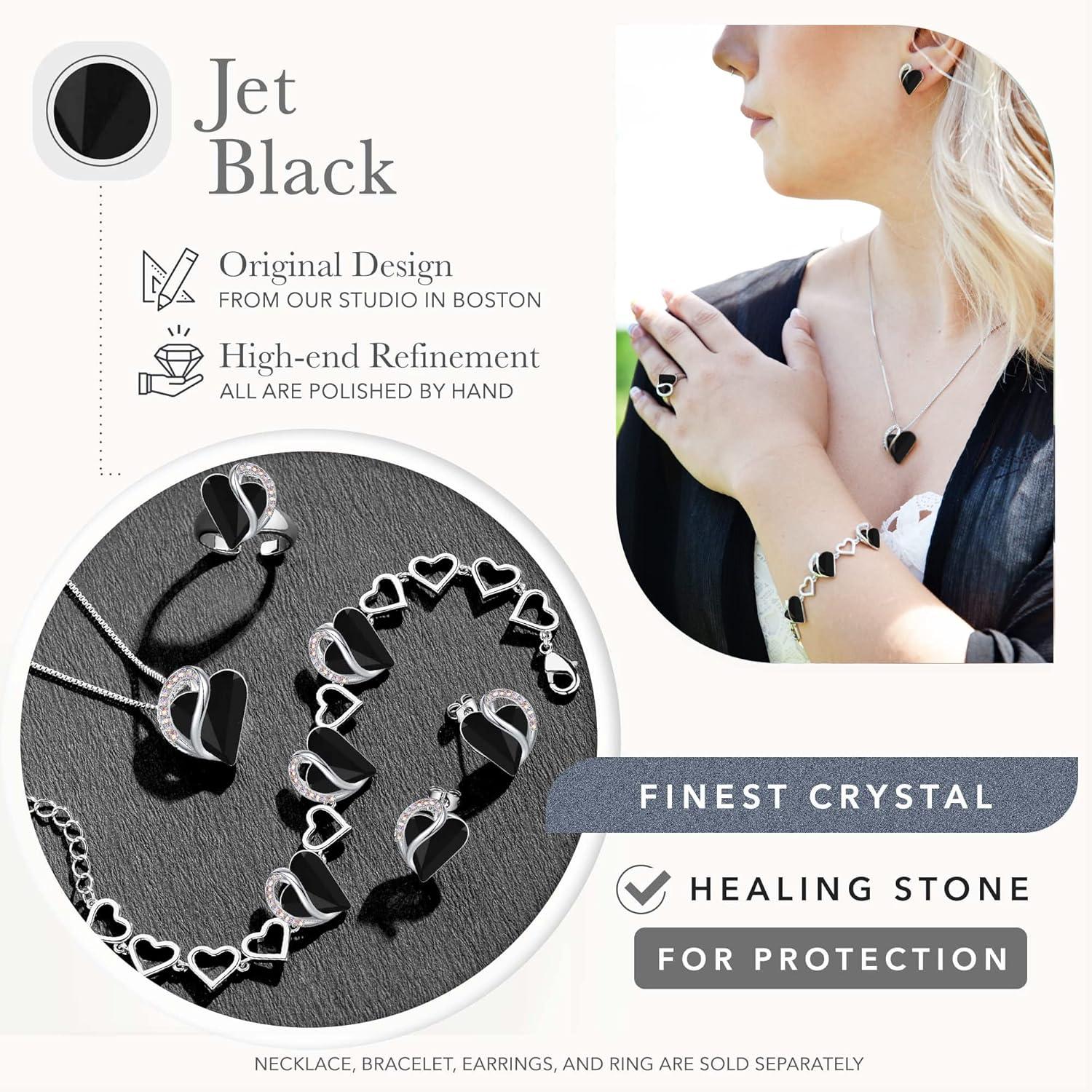 imageLeafael Infinity Love Heart Necklace Stud Earrings Bracelet and Ring Set Healing Stone for Protection Crystal Jewelry Silver Tone Gifts for Women Jet Black