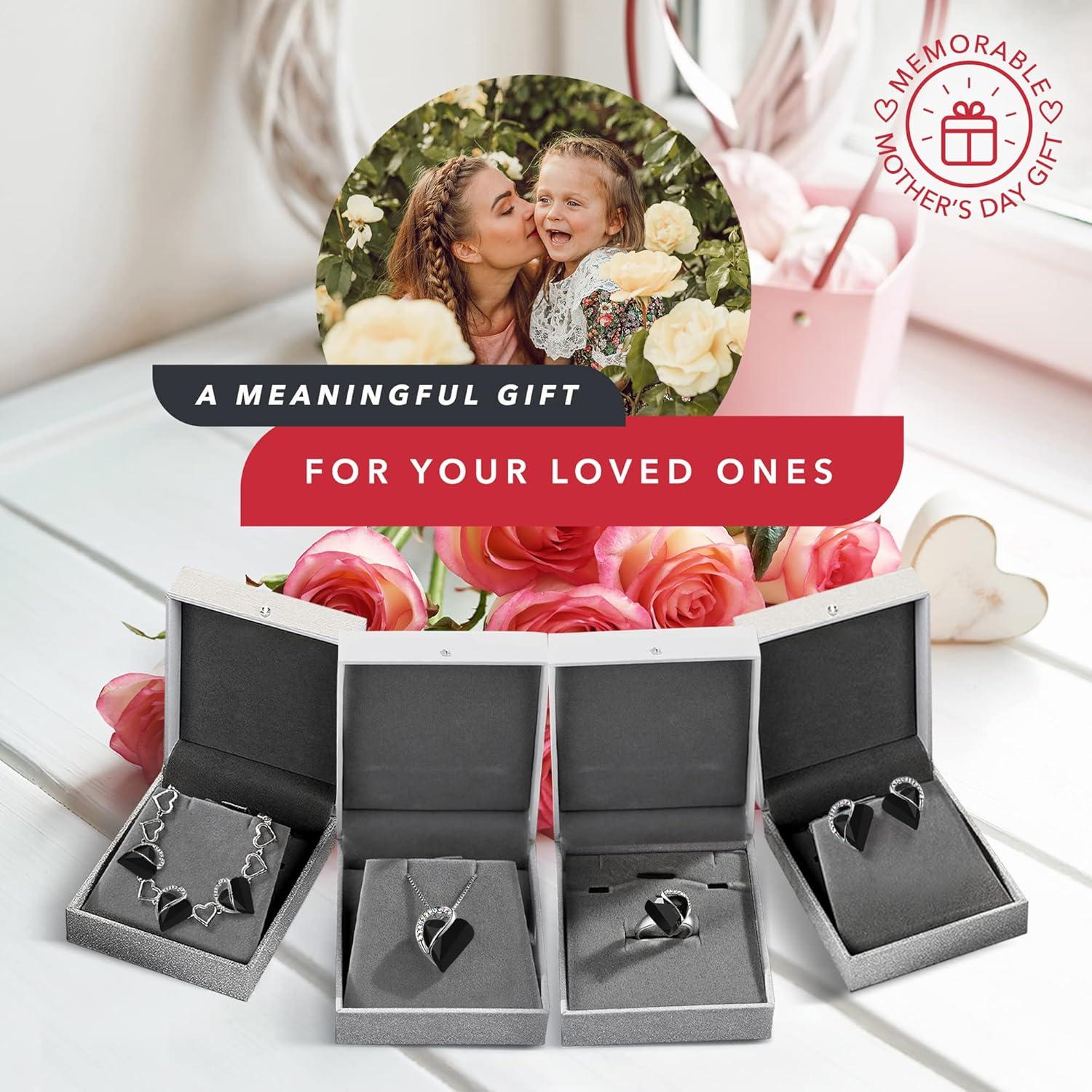 imageLeafael Infinity Love Heart Necklace Stud Earrings Bracelet and Ring Set Healing Stone for Protection Crystal Jewelry Silver Tone Gifts for Women Jet Black